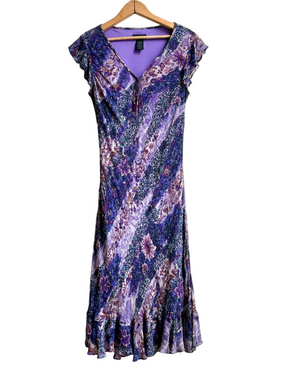 Whimsigoth Eva Blue 1990s 90s vintage Beaded Rayon Purple Tones Chiffon Dress 6